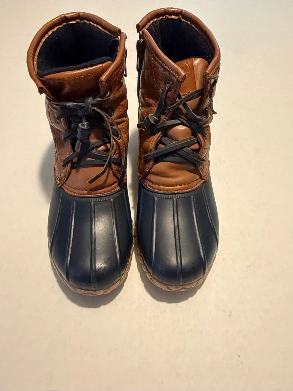 Nautica Brown Leather and Navy Rubber Duck Boots , size 7